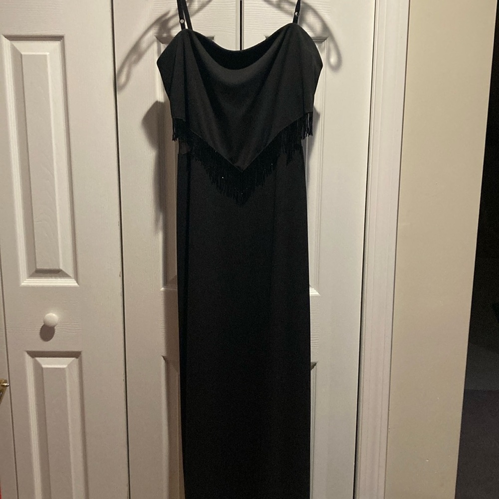 Long black fringe evening dress, size 12. Made USA